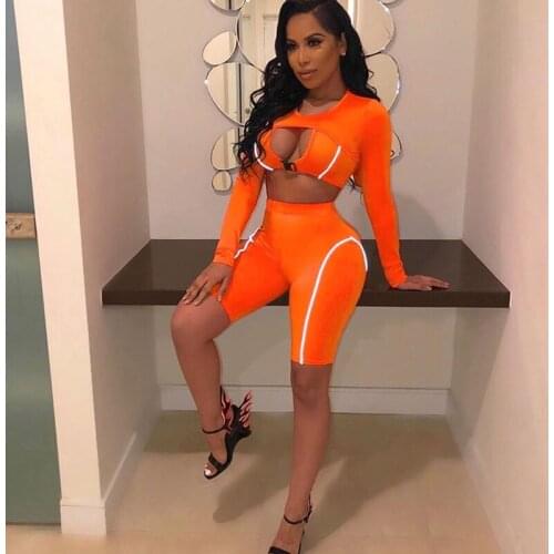 Women Skinny Women Clothing Set 2019 Hollow Out Solid Color Short Top With Shorts Fashion Striped Patchwork 2 Piece Set Women