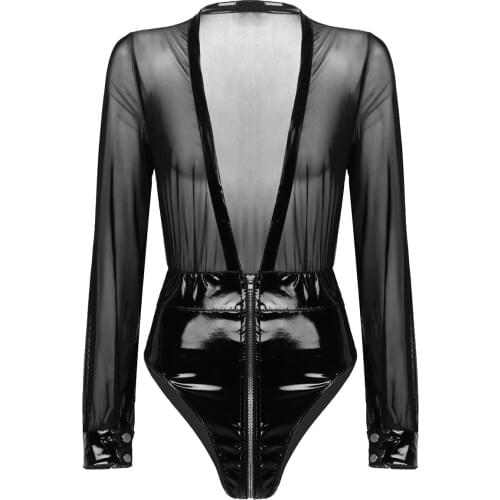 Women Erotic Deep-V See Through Mesh Lingerie Bodysuit Wet Look Patent Leather Patchwork Double-ended Zipper Leotard Bodysuit