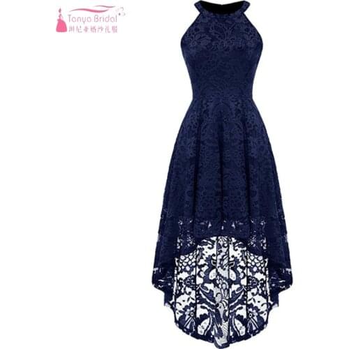 Womens Halter Floral Lace Bridesmaid Dresses Navy Sleeveless Hi-Lo Formal Wedding Party Dress vestidos de fiesta de JQ40