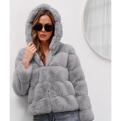 Plush Overcoat Women Hooded Zipper Closure Winter Coat Faux Fur Long Sleeve Short Type Fluffy Cardigan Plush Overcoat Outerwear