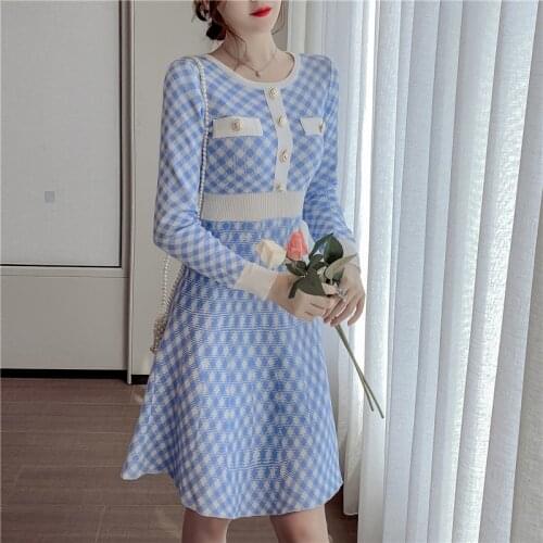 Vestidos Mujer Autumn Retro Slim Temperament Korean Style Blue O Neck Long-sleeved Plaid Knitted Dress Women Fashion OL Robe