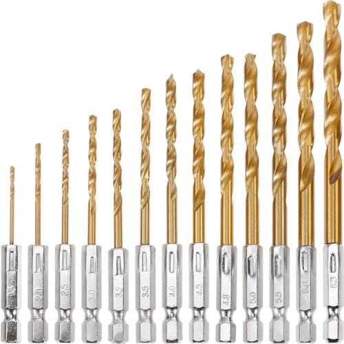 13pcs HSS Drill Bit Set High Speed Steel Titanium Coated Drill Bit 1/4 Hex Shank 1.5-6.5mm Hexagonal Handle Twist Drill