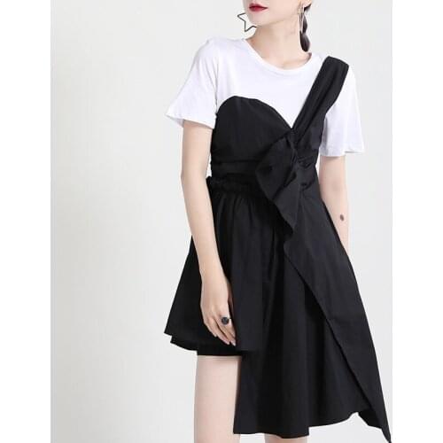 2021 summer new fold hem irregular stitching T-shirt fake two-piece dress black fashion short sleeve O-neck women dresses