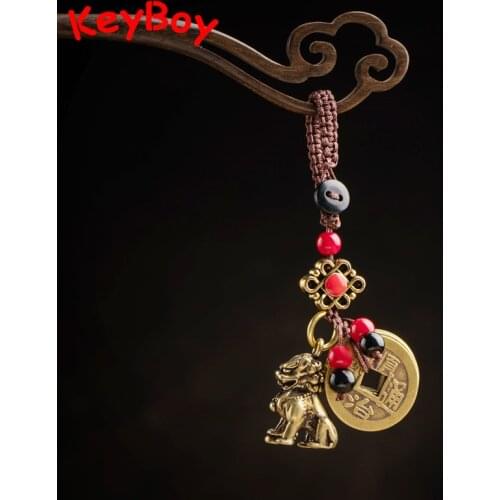 Antique Brass Beast Lion Keyring Lanyard Pendants Handmade Rope Chinese Five Emperors Coins Feng Shui Hangings Lucky Key Chains