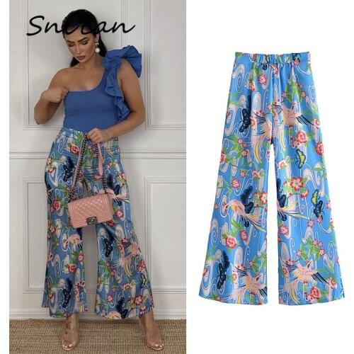 Blue Floral Women Long Pants Za Summer Fashion Pantalon Pour Femme Vintage Female Bottom 2021 High Waist Casual Ladies Trousers