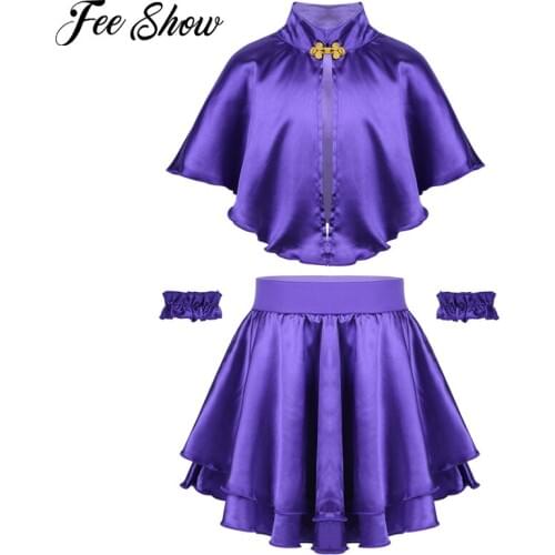 Kids Girls Circus Costume Dance Outfits Cape Top with Skirt and Wristband 3pcs set for Halloween Cosplay Party