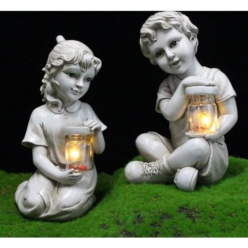 Kid with Solar Lights Garden Decoration Outdoor Statue Resin Jar Boy Girl Whimsical Flowerbed Yard Sculpture Decor B