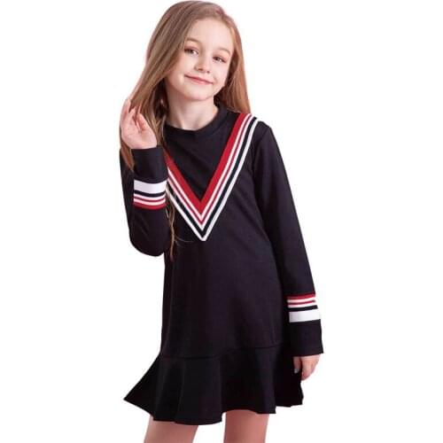 Kids Girl Dress Long Sleeve Striped V Decoration Casual Children Dress 4 5 6 8 10 years