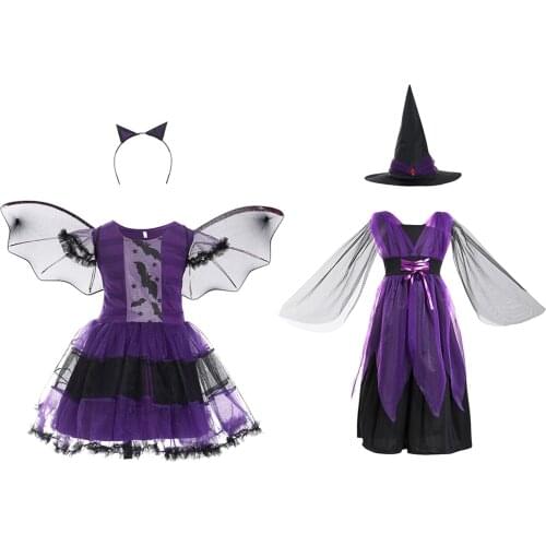 Kids Girls Halloween Cospla Dress Witch Bat Costume Outfit for Holiday Carnival Role Play Fancy Dress Masquerade Party Supplies