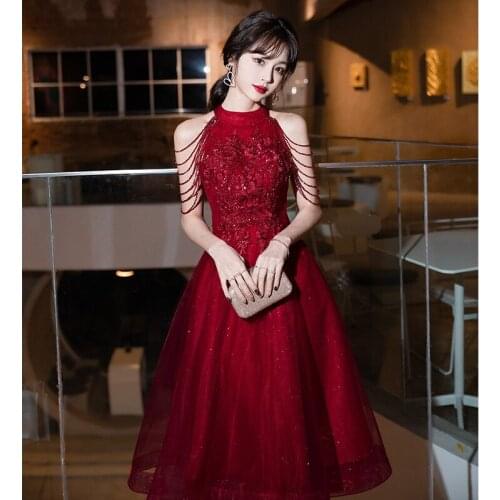 Elegant Burgundy Applique Beads Tassels Chiffon Halter Evening Dress Cheongsam Back Bandage Prom Fomail Gown Vestidos De Noche