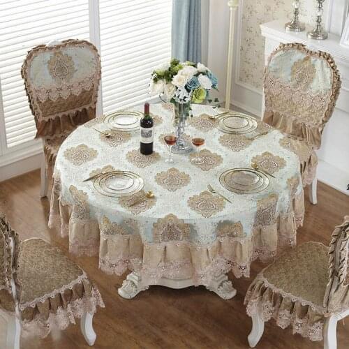 Europe Tablecloth Round Vintage Dining Table Cover Gold Floral Lace Embroidery Party 3D Jacquard Chair Cover Set Home Decor