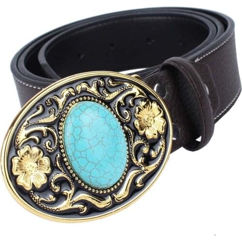 Western Cowboy Leather Belt Arabesque Buckle Turquoise Women Mens Adjustable