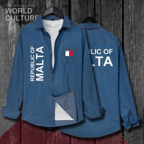 Republic of Malta Maltese MLT Men Flag Clothes Autumn Cotton Long Sleeve Cowboy Casual Coat Fashion Turn-down Collar Jeans Shirt