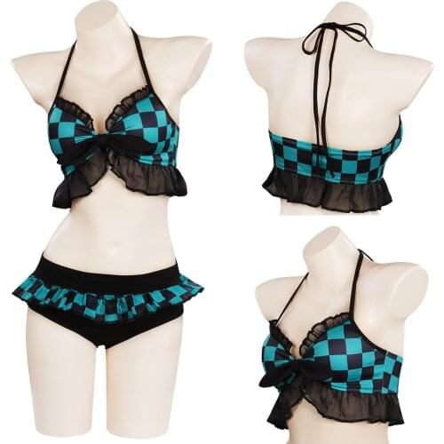 Anime Demon Slayer Kamado Tanjirou Cosplay Swimwear Kamado Tanjirou Two Piece Beach Bikini Swimsuit Vest+Shorts