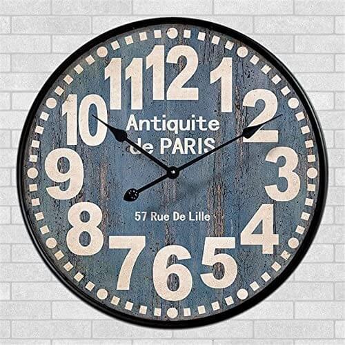 Wall clock, round, wood, vintage, shabby chic, 34 cm, blue