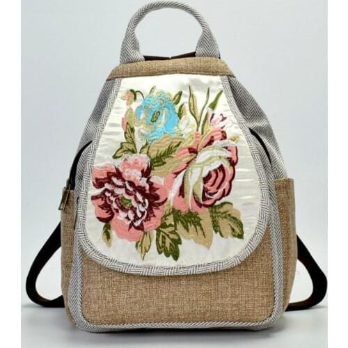 New folk embroidery cotton embroidered bag shoulder handbag simple embroidery flower double zipper large capacity