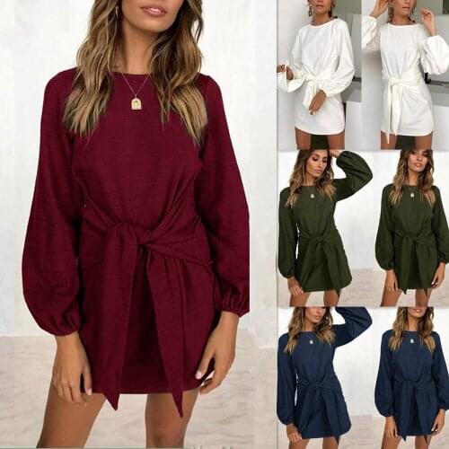 2020 British Style Autumn and Winter New Fashion Casual Womens Solid Color Round Neck Long-sleeved High Waist Mini A-line Dress