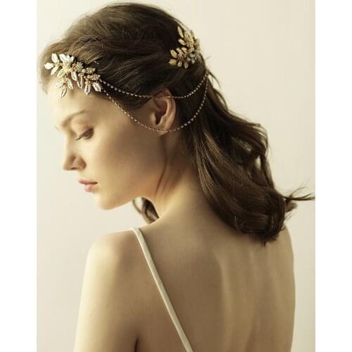Romantic Sweetheart Bridal Headdress Crystal Alloy Chain Leaves Rhinestone Headband with 2 Hair Comb for Wedding Perform O827