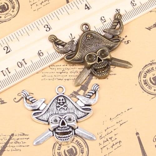 15pcs Charms For Jewelry Making pirate skull and cross swords 45x34mm Antique Silver Plated Pendants DIY Tibetan Silver Necklace