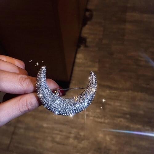 Luxury Female Crystal Moon BIg Brooch Charm Silver Color Party Brooches For Women Cute Bridal White Zircon Wedding Brooch