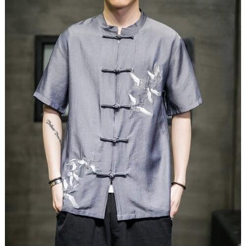 Kimono Shirt Men Asian Clothes Harajuku Japanese Top Samurai Crane Embroidery Shirts Kimono Streetwear Summer Vintage Tops 30235