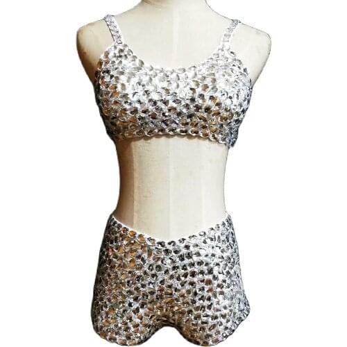 Silver Shining Rhinestones Two-Piece Suit Nightclub Dance Show Wear Personality Performance Costume Ladies Uniform Costumes