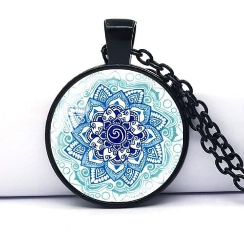 Silver color Chain Blue Kaleidoscope Buddhism Necklace Henna Om Spiritual Jewelry Mandala Pendant Necklace Yoga Jewelry