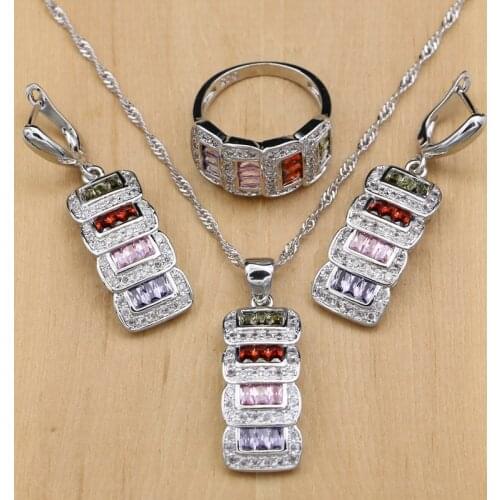 Silver Color Bridal Jewelry Cubic Zirconia Beads Jewelry Sets For Women Wedding Accessories Earrings Pendant Rings Necklace Set