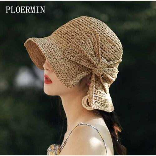 Free Delivery New Summer Hand Crochet Elegant Big Bowknot Sun Hats Women Wide Brim Vacation Visor Fashion Girls Beach Straw Hat
