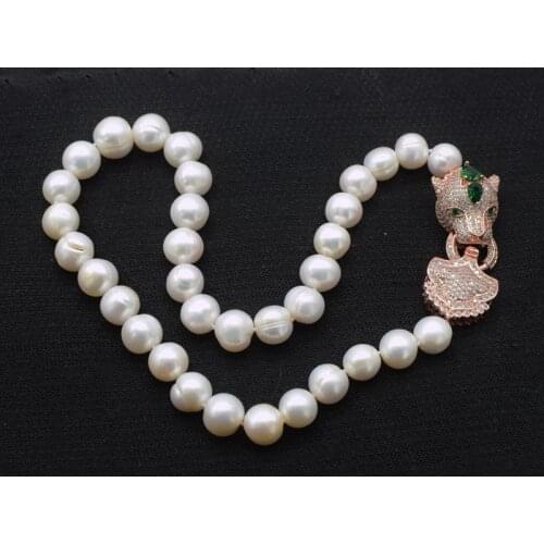 WOW! freshwater pearl white near round 11-14mm big size leopard clasp necklace 19inch nature handmake wholesale FPPJ