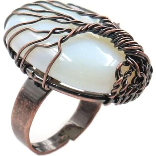 YJXP Copper Plated Wire Wrapped Opal Special Opalite Quartzs Stone Oval Shape Adjustable Finger Ring For Anniversary Jewelry