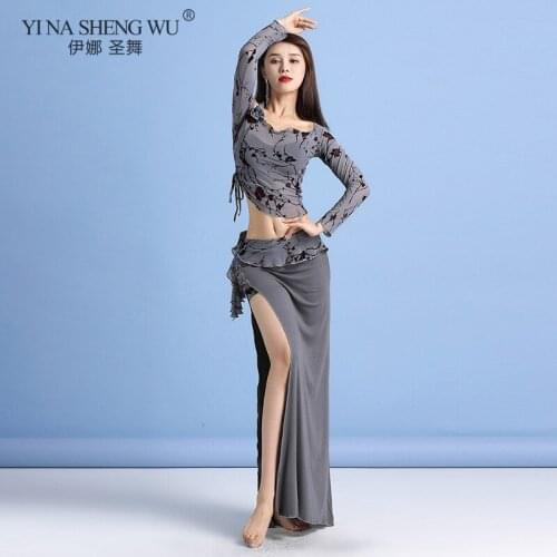 Women Belly Dance Performance Set Dance Suit Costume Long Sleeve Top+Skirt Oriental Sexy Dance Dance Shiny Practice Clothes Suit