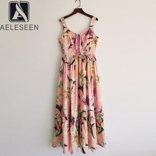AELESEEN Runway Fashion Summer Dress Women 2021 High Quality Spaghetti Strap Lily Flower Print Bandage Ruffles Long Dress