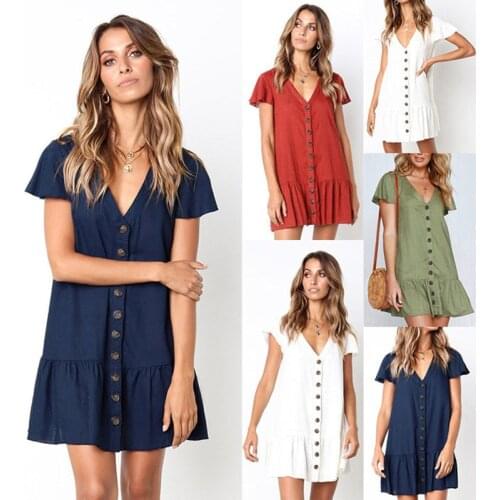 2021 Summer European And American Solid Color V-Neck Button Loose Cotton And Linen Short Dress