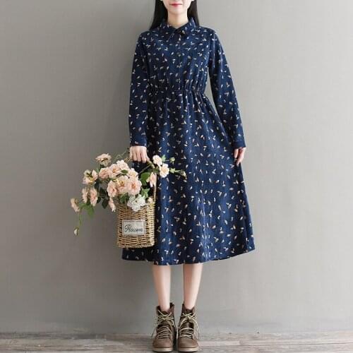 New Autumn Spring Women Midi Corduroy Dress Leaf Printed Vestidos Longo Mori Girl Vintage Navy Blue Sweet Dress MH915
