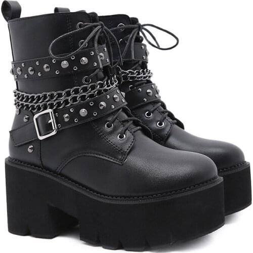2021 Gothic Black Ankle Boots For Women Plus High Heel Female Shoes Lace-Up Nigh Club Black Sexy Rivets Chain Short Boots