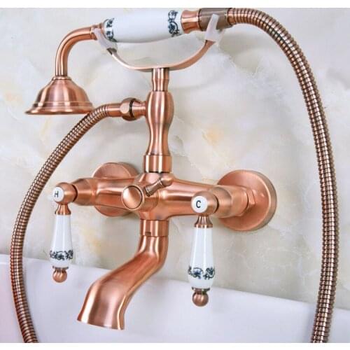 Antique Red Copper Brass Wall Mounted Bathroom Clawfoot Tub Faucet Mixer Tap Telephone Shower Head Dual Ceramic Handles ana329