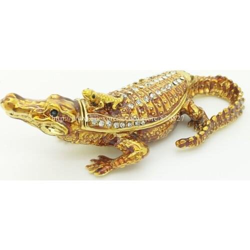 BEJEWELED RHINESTONE CRYSTAL ENAMEL TRINKET BOX - ALLIGATOR/CROCODILE STATUE