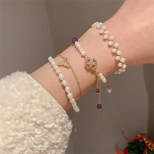 Exquisit Flower Bowknot Opal Shiny Bracelets for Female Bangles Adjustable Round Coin Rhinestone Pearl Jewelry Accessories