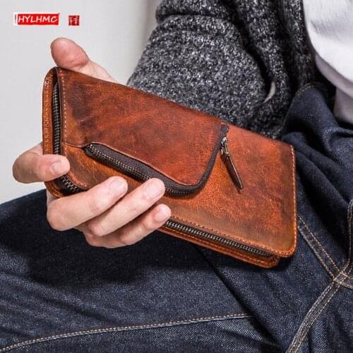 Long Genuine Leather Men Wallet Zipper Multi-function Wallet Mens Retro Personality Hand Bag Mobile Wallet Tide Clutch Bags