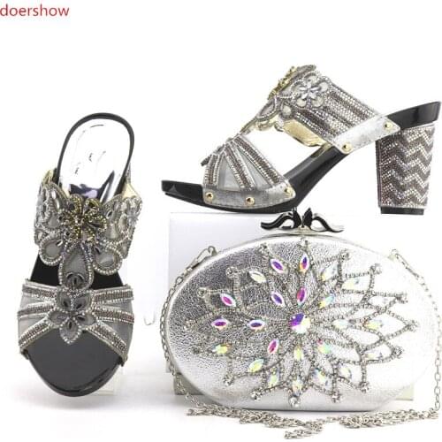 Doershow silver Shoes and Matching Bags Italian Shoes and Bags To Match Shoes with Bag Set Decorated with Rhinestone NJ1-9