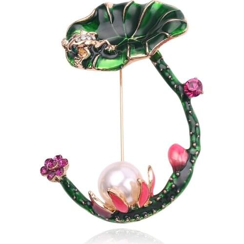 Lotus Leaf Frog Shape Enamel Brooches Simulated Pearl Pin Brooch Gift For Women Girl Clothing Chic Elegant Jewelry Accessories
