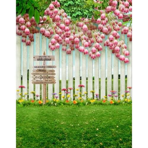 Grass Fence Pink Flowers Photography Backdrops Photo Props Studio Background 5x7ft