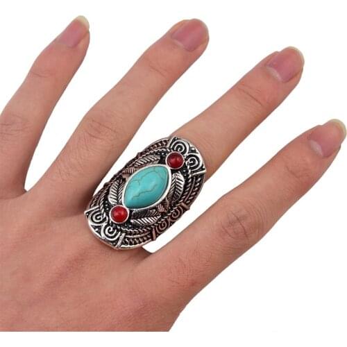 Retro Ancient Oval green Stone Ring Bague BohoTurquoises Rings Tibetan Large Carved Pattern Finger Rings Gypsy Indian Jewelry