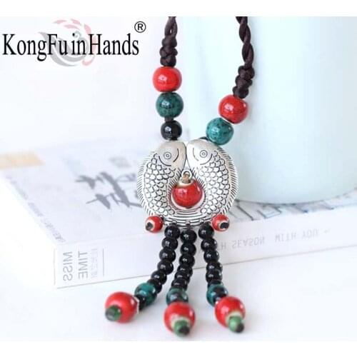 Creative Long National Style Characteristics Sweater Chain Handmade Ceramic Necklace Two Fish Pendant Vintage necklace 2018 New
