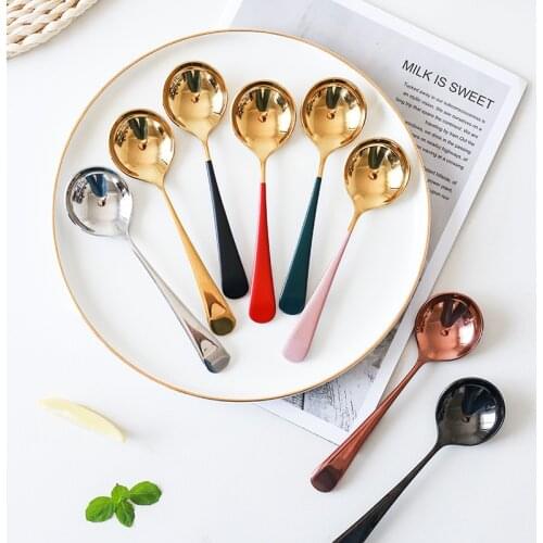Round Head Tea Coffee Mixing Spoon Stainless Steel Ice Cream Dessert Pastry Teaspoon Soup Scoop Kitchen Tableware Utensils
