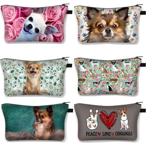 Kawaii Dog Chihuahua Print Cosmetic Bag Women Makeup Bags Ladies Lipstick Storage Bags for Travel Girls Cosmetic Case Organizers