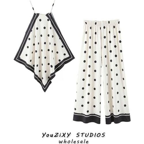 Fashion Simple Printing Asymmetric Suit Women Halter Neck-mounted Tops+loose Casual Elastic Waist Wide-leg Pants Two Piece