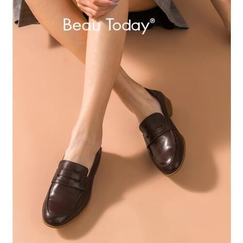 BeauToday Penny Loafers Women Genuine Cow Leather Slip On Round Toe Moccasin Flats Spring Autumn Lady Shoes Handmade 27225