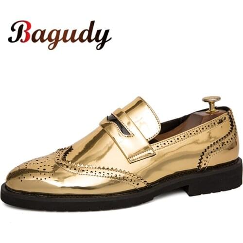 Men Dress Shoes Business Party Wedding Shoes Men Slip on Gold Formal Shoes PU Leather Oxfords Pointed Toe Moccasins Loafers Shoe